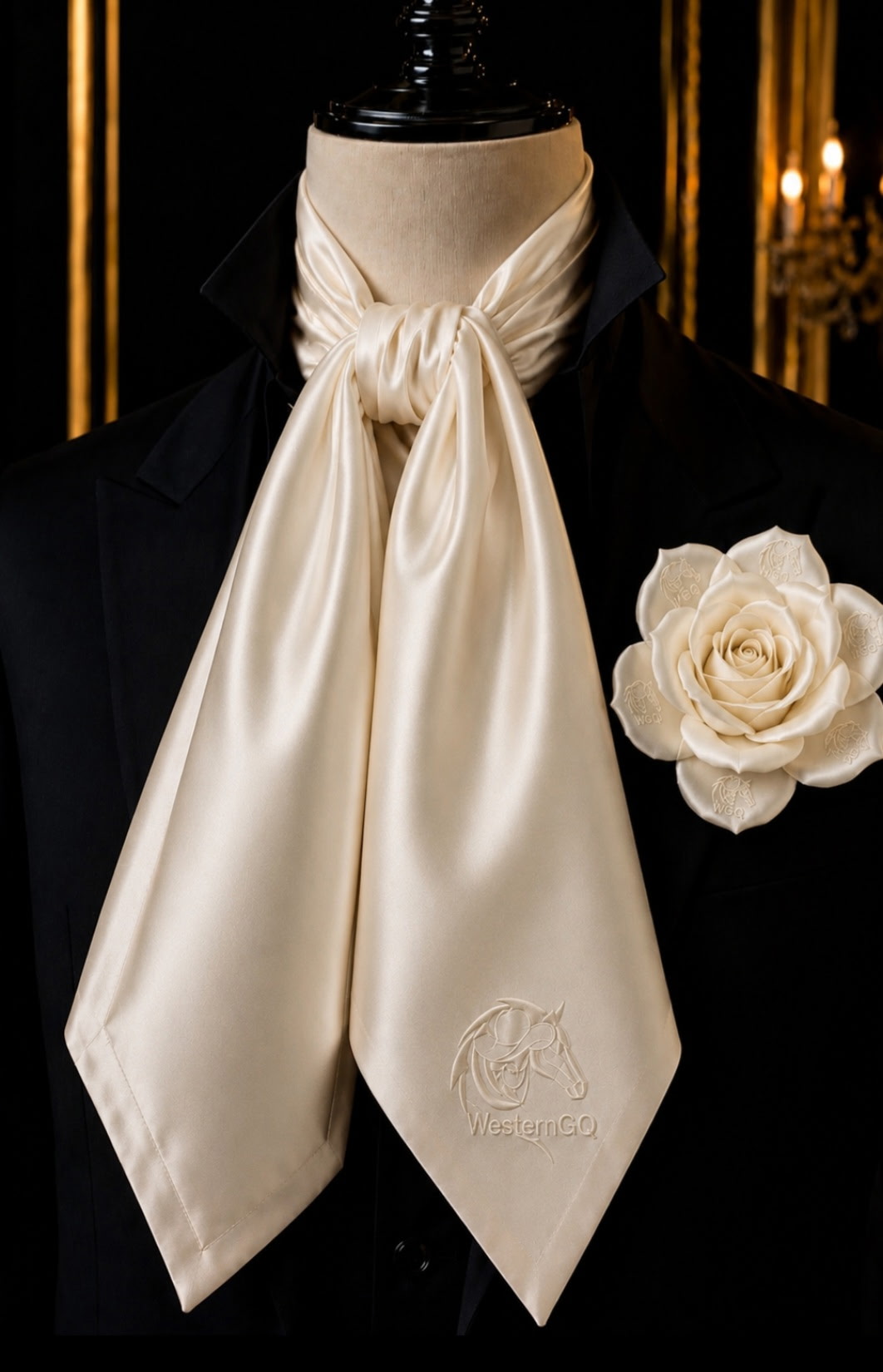 Western GQ cream satin cravat scarf with matching cream rose lapel brooch and Western GQ emblem on a mannequin in a chandelier-lit lounge